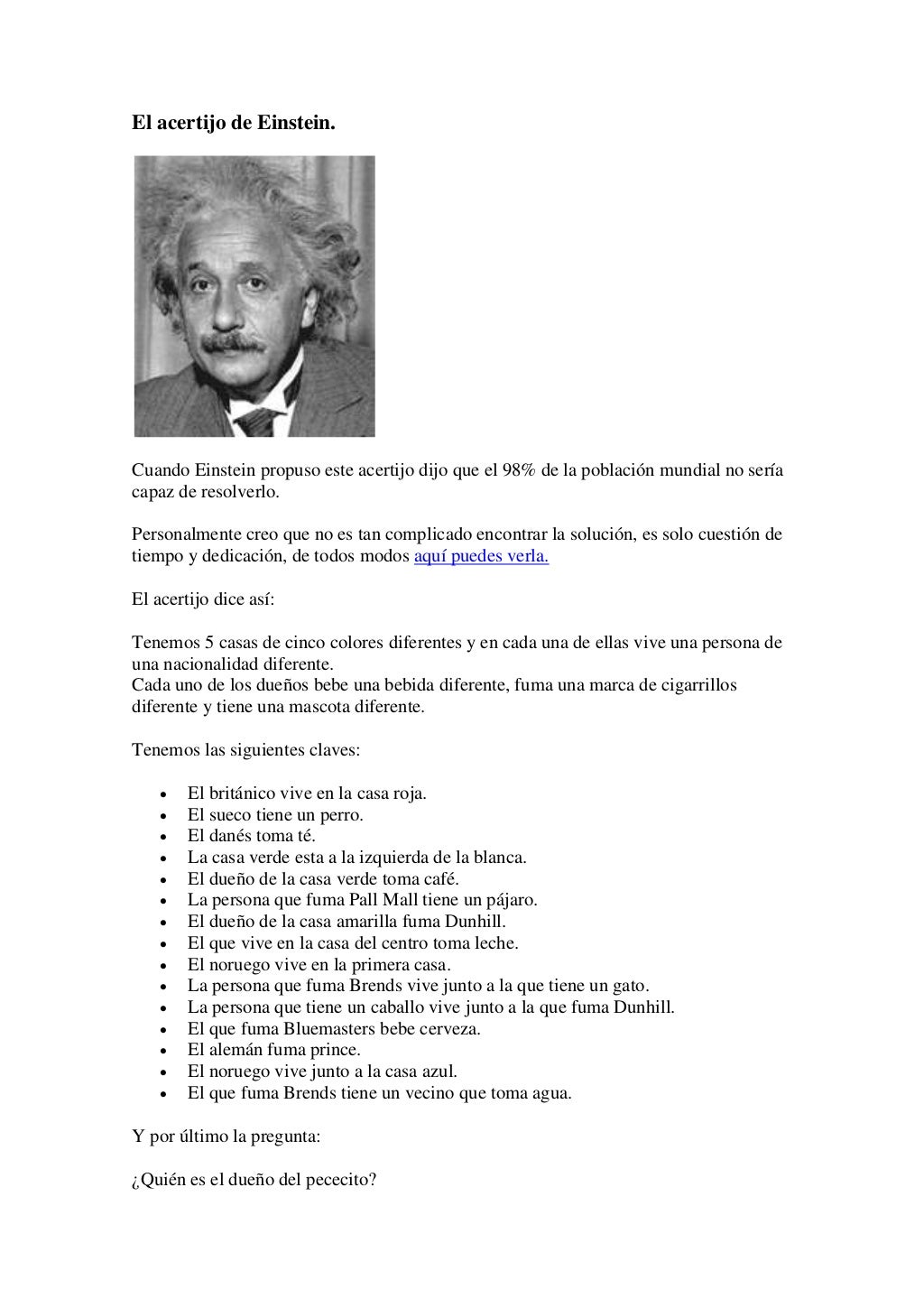 Acertijo de einstein Acertijo de einstein