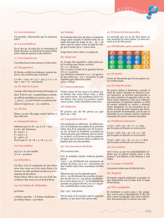 a certijo s 
5 10 12 
3 
4 
8 
541 
15. Los montones 
Un mont—n. ÀRecuerdas que lo juntaron 
todo? 
16. La enredadera 
En el d’a 29. Si cada d’a va cubriendo el 
doble del ‡rea, la mitad de la pared debi— 
estar cubierta apenas el d’a anterior. 
17. Los carpinteros 
Uno debe hacer cinco mesas y el otro siete. 
18. El juguetero 
El cliente recibi— tres balones, quince ba-leros 
y dos carritos que costaron: 
3 x 80 = 240, 10 x 15 = 150, 5 x 2 = 10 
240 + 150 + 10 = 400 pesos 
19. El viaje de Laura 
Cuando sali— ten’a dos tercios del tanque, es 
decir (60 l) 40 l y cuando lleg— a su desti-no 
s—lo le quedaba un cuarto, que es: 
por lo tanto su consumo du-rante 
el viaje fue 40 Ð 15 = 25 litros. 
20. El cine 
Elena, ya que ella pag— cuatro boletos y 
Ana s—lo tres. 
21. Sumando letras 
Sabemos que 6 x R = 30, 6 x P = 24 y 
6 x Q = 48. Entonces: 
R = 30/6 = 5 
P = 24/6 = 4 
Q = 48/6 = 8 
Por lo que P + Q + R = 4 + 8 + 5 = 17. 
22. Las sand’as 
25/2.5 = 10 por sand’a 
10 x 4 = 40 pesos 
23. El lechero 
Un litro: Con el recipiente de dos litros 
sirve tres veces en el de cinco litros y la 
tercera vez s—lo quedar‡ un litro en el re-cipiente 
de dos litros. 
Nueve litros: Sirve una vez con el de cin-co 
litros y dos veces con el de dos litros. 
24. Las bolsas de Alejandra 
52 bolsas. 
4 bolsas grandes + 8 bolsas medianas + 
40 bolsas chicas = 52 bolsas 
25. Edades 
Si el abuelo tiene hoy 56 a–os y el pap‡ de 
Jorge naci— cuando el abuelo ten’a 20; la 
edad del pap‡ de Jorge es 56 Ð 20 = 36 
a–os; esto es cuatro veces la edad de Jor-ge, 
por lo tanto 36/4 = nueve a–os. 
Jorge tiene nueve a–os y su pap‡ 36. 
26. El pic-nic 
S’, el pago fue equitativo, cada quien pa-g 
— lo mismo que Jaime, es decir: 
20 Ð 2 = 18 pesos. 
Por lo tanto el total de lo gastado fueron 
18 x 3 = 54 pesos. 
Los refrescos costaron 5 x 4 = 20 pesos y 
de las tortas 54 Ð 20 = 34 pesos, lo que 
significa que cada torta cost— 
34/4 = $ 8.50 
27. Ni–os sedientos 
Verti— cuatro de los vasos a la mitad pa-ra 
formar dos vasos llenos m‡s, y dej— 
dos vasos vac’os. As’ quedaron nueve va-sos 
llenos, tres vasos a la mitad y nueve 
vasos vac’os. Todos divisibles entre tres. 
28. Inflaci—n 
El precio era de 80 pesos ya que 
96/1.20 = 80. 
29. Las pepitas de oro 
Una medici—n es suficiente. Se deber‡ po-ner 
en la balanza una pepita de la primera 
bolsa, dos de la segunda, tres de la terce-ra, 
etc. Al hacer la medici—n, se tendr‡ un 
exceso de peso que indicar‡ cu‡l es la bol-sa, 
es decir, si el exceso es de tres gramos, 
se sabr‡ que la tercera bolsa contiene las 
pepitas que son m‡s pesadas. 
30. Las manzanas de Rosa 
Si le convino m‡s. 
Con la primera opci—n hubiera podido 
ganar: 
115/5 = 23 dividiendo las manzanas en 
grupos de cinco, 23 x 10 = 230 pesos ya 
que vendi— cada cinco manzanas en diez 
pesos 
Mientras que con la segunda gan—: 
58/2 = 29 dividiendo las grandes en gru-pos 
de dos 29 x 5 = 145 pesos vendiŽndo-las 
a cinco pesos 57/3 = 19 dividiendo las 
grandes en grupos de tres, 19 x 5 = 95 pe-sos, 
vendiŽndolas a cinco pesos 
145 + 95 = 240 pesos 
Por lo tanto s’ le convino m‡s la segunda 
opci—n, ya que gan— diez pesos m‡s. 
31. El truco de las monedas 
La moneda que no es de diez pesos es 
una moneda de cinco pesos. La otra mo-neda 
s’ es de diez pesos. 
32. Dividiendo, pero sumando 
8 
9 10 
1 
6 
5 
4 
3 
2 1 
2 
3 11 
9 
33. El chofer 
Como tœ. Recuerda que tœ eres quien vie-ne 
conduciendo. 
34. El reloj de arena 
Se ponen ambos a funcionar, cuando el 
reloj de cuatro minutos se detiene (cua-tro 
minutos), se invierte nuevamente, a 
los siete minutos el segundo reloj se de-tiene 
(siete minutos) y hay que voltearlo 
nuevamente, al siguiente minuto, el reloj 
de cuatro minutos se vuelve a detener 
(ocho minutos); en ese momento se in-vierte 
el reloj de siete minutos que lleva-ba 
un minuto funcionando, por lo que se 
detendr‡ en un minuto (nueve minutos) 
sumando los nueve minutos deseados. 
35. Problemas binarios 
a) 512 + 128 + 32 + 16 + 2 + 4 = 694 
por lo tanto en binario es 1010110110 
b) 512 + 128 + 64 + 32 + 16 + 4 = 756 
por lo tanto en binario es 1011110100 
c) 512 + 256 + 32 + 16 + 4 + 2 + 1 = 823 
por lo tanto en binario es 1100110111 
36. Las canicas 
Tres veces, ya que las probabilidades in-dican 
que al menos podr’a sacar o dos 
negras y una blanca o dos blancas y una 
negra. 
37. La soga y el m‡stil 
Los postes est‡n uno al lado del otro. 
38. çngulos 
El ‡ngulo seguir‡ midiendo 15 grados, lo 
que aumentar‡ con la lupa ser‡ el largo 
de las l’neas. 
39. Pies y pulgadas 
El resultado es nueve pies y dos pulga-das, 
con lo que el dependiente le dio dos 
pies y nueve pulgadas. Hay otras solucio-nes. 
Encuentra por lo menos una m‡s. 
2 
3 = 
1 ( 6 0 l) 
4 = 15 l 
 
