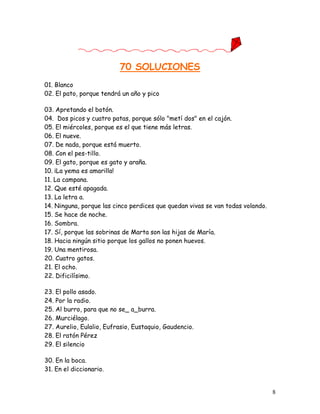 8
70 SOLUCIONES
01. Blanco
02. El pato, porque tendrá un año y pico
03. Apretando el botón.
04. Dos picos y cuatro patas, porque sólo "metí dos" en el cajón.
05. El miércoles, porque es el que tiene más letras.
06. El nueve.
07. De nada, porque está muerto.
08. Con el pes-tillo.
09. El gato, porque es gato y araña.
10. ¡La yema es amarilla!
11. La campana.
12. Que esté apagada.
13. La letra a.
14. Ninguna, porque las cinco perdices que quedan vivas se van todas volando.
15. Se hace de noche.
16. Sombra.
17. Sí, porque las sobrinas de Marta son las hijas de María.
18. Hacia ningún sitio porque los gallos no ponen huevos.
19. Una mentirosa.
20. Cuatro gatos.
21. El ocho.
22. Dificilísimo.
23. El pollo asado.
24. Por la radio.
25. Al burro, para que no se_ a_burra.
26. Murciélago.
27. Aurelio, Eulalio, Eufrasio, Eustaquio, Gaudencio.
28. El ratón Pérez
29. El silencio
30. En la boca.
31. En el diccionario.
 