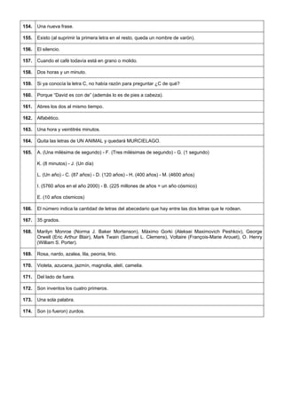 154. 
Una nueva frase. 
155. 
Existo (al suprimir la primera letra en el resto, queda un nombre de varón). 
156. 
El silencio. 
157. 
Cuando el café todavía está en grano o molido. 
158. 
Dos horas y un minuto. 
159. 
Si ya conocía la letra C, no había razón para preguntar ¿C de qué? 
160. 
Porque “David es con de” (además lo es de pies a cabeza). 
161. 
Abres los dos al mismo tiempo. 
162. 
Alfabético. 
163. 
Una hora y veintitrés minutos. 
164. 
Quita las letras de UN ANIMAL y quedará MURCIELAGO. 
165. 
A. (Una milésima de segundo) - F. (Tres milésimas de segundo) - G. (1 segundo) 
K. (8 minutos) - J. (Un día) 
L. (Un año) - C. (87 años) - D. (120 años) - H. (400 años) - M. (4600 años) 
I. (5760 años en el año 2000) - B. (225 millones de años = un año cósmico) 
E. (10 años cósmicos) 
166. 
El número indica la cantidad de letras del abecedario que hay entre las dos letras que le rodean. 
167. 
35 grados. 
168. 
Marilyn Monroe (Norma J. Baker Mortenson), Máximo Gorki (Aleksei Maximovich Peshkov), George Orwell (Eric Arthur Blair), Mark Twain (Samuel L. Clemens), Voltaire (François-Marie Arouet), O. Henry (William S. Porter). 
169. 
Rosa, nardo, azalea, lila, peonia, lirio. 
170. 
Violeta, azucena, jazmín, magnolia, alelí, camelia. 
171. 
Del lado de fuera. 
172. 
Son inventos los cuatro primeros. 
173. 
Una sola palabra. 
174. 
Son (o fueron) zurdos.  