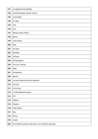 191. 
La diagonal de la pantalla. 
192. 
Cuando empieza a poner huevos. 
193. 
La de fútbol. 
194. 
Sí, pasa. 
195. 
Vino. 
196. 
Una. 
197. 
Rómulo mató a Remo. 
198. 
Morse. 
199. 
A los persas. 
200. 
Diez. 
201. 
Los ojos. 
202. 
Dieciséis. 
203. 
El Greco. 
204. 
El hipopótamo. 
205. 
Con uno: Francia. 
206. 
Siete. 
207. 
El estambre. 
208. 
Marrón. 
209. 
La mano derecha sobre la izquierda. 
210. 
La mula. 
211. 
En la Luna. 
212. 
La diezmillonésima parte. 
213. 
El Y. 
214. 
Piedras. 
215. 
Sesenta. 
216. 
Fidel Castro. 
217. 
Dos. 
218. 
El frac. 
219. 
Cuatro. 
220. 
En el debe se anota lo que entra, y en el haber lo que sale.  