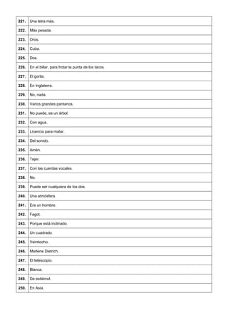221. 
Una letra más. 
222. 
Más pesada. 
223. 
Oros. 
224. 
Cuba. 
225. 
Dos. 
226. 
En el billar, para frotar la punta de los tacos. 
227. 
El gorila. 
228. 
En Inglaterra. 
229. 
No, nada. 
230. 
Varios grandes pantanos. 
231. 
No puede, es un árbol. 
232. 
Con agua. 
233. 
Licencia para matar. 
234. 
Del sonido. 
235. 
Amén. 
236. 
Tejer. 
237. 
Con las cuerdas vocales. 
238. 
No. 
239. 
Puede ser cualquiera de los dos. 
240. 
Una atmósfera. 
241. 
Era un hombre. 
242. 
Fagot. 
243. 
Porque está inclinado. 
244. 
Un cuadrado. 
245. 
Veintiocho. 
246. 
Marlene Dietrich. 
247. 
El telescopio. 
248. 
Blanca. 
249. 
De estiércol. 
250. 
En Asia.  