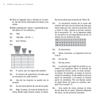 28 ERRATA: Respuestas de Creatividad 
118. Tome el segundo vaso y viértalo en el quin-to. 
De esa forma intercalará los llenos y los 
vacíos. 
119. Raíz cuadrada de 1 igual a 1 (poniendo el pa-lito 
sobre el 7 en romanos…) 
120. 1961 
121. 148/296 + 35/70 = 1 
122. Son trillizos 
123. 
124. P: piscis, por los signos del zodiaco 
125. El número de superficies cerradas que 
se encuentra en cada número 
126. Una de las mujeres se quedó con la 
canasta 
127. Se cae hacia dentro de uno de los pisos 
128. Pagó 12 pesos. Se trata de fichas de nú-meros 
donde cada número cuesta 12 pesos. 
Por eso le dicen que el precio de 138 es 36. 
129. La secuencia resulta de la suma del 
número del mes con el número de días que 
tiene cada uno. Así, enero es el primer mes 
y tiene 31 días, resulta el primer número 
de la secuencia: 32… en la siguiente tabla 
se encuentra la correspondencia de los 12 
meses con su número de días. 
130. Es astronauta 
131. Notas musicales. La siguiente letra es 
S de Si 
132. Era de día 
133. No hay arena 
134. La persona que llegó les prestó su ca-mello 
y así pudieron hacer la división de 
la siguiente forma: como en este momen-to 
tienen 18 camellos, al mayor le tocó la 
mitad (9 camellos); al del medio la tercera 
parte (6 camellos); y al menor la novena 
parte (2 camellos). Por eso Ramón Jaime 
se pudo llevar de nuevo su camello, por-que 
9+6+2 suman 17. 
135. Una rayita de resta, porque se trata 
de las diez de un reloj. Estamos hablando 
de horas, no de números naturales 
 