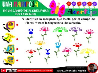 ❖ Identifica la mariposa que vuela por el campo de
Flores. Y traza la trayectoria de su vuelo.
Mtro. Javier Solis Noyola
DIDÁCTICA DE LAS MATEMÁTICAS Y LAS CIENCIAS
Acertijo creado y diseñado por:
 