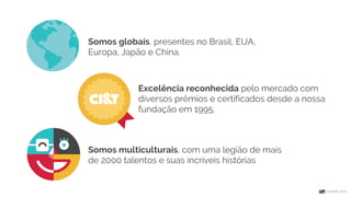 Somos globais, presentes no Brasil, EUA,
Europa, Japão e China.
Excelência reconhecida pelo mercado com
diversos prêmios e certificados desde a nossa
fundação em 1995.
Somos multiculturais, com uma legião de mais
de 2000 talentos e suas incríveis histórias
 