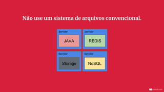 ServidorServidor
ServidorServidor
JAVA
NoSQL
REDIS
Storage
Não use um sistema de arquivos convencional.
 