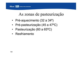 108
As zonas de pasteurização
• Pré-aquecimento (32 a 34º)
• Pré-pasteurização (45 a 47ºC)
• Pasteurização (60 a 65ºC)
• Resfriamento
 