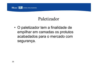 26
Paletizador
• O paletizador tem a finalidade de
empilhar em camadas os protutos
acabadados para o mercado com
segurança.
 