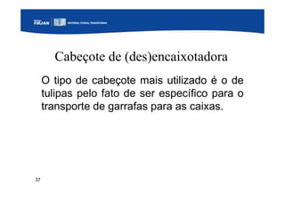 37
Cabeçote de (des)encaixotadora
O tipo de cabeçote mais utilizado é o de
tulipas pelo fato de ser específico para o
transporte de garrafas para as caixas.
 