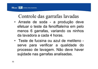 55
Controle das garrafas lavadas
• Arraste de soda - a produção deve
efetuar o teste da fenolftaleína em pelo
menos 6 garrafas, variando os ninhos
da lavadora a cada 4 horas.
• Teste de fucsina ou azul de metileno -
serve para verificar a qualidade do
processo de lavagem. Não deve haver
sujidade nas garrafas analisadas.
 