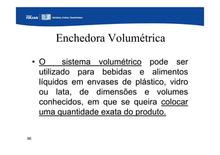 96
Enchedora Volumétrica
• O sistema volumétrico pode ser
utilizado para bebidas e alimentos
líquidos em envases de plástico, vidro
ou lata, de dimensões e volumes
conhecidos, em que se queira colocar
uma quantidade exata do produto.
 