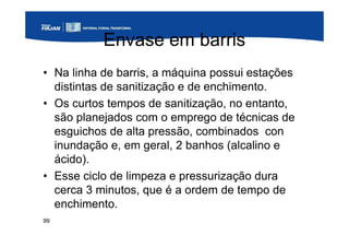 99
Envase em barris
• Na linha de barris, a máquina possui estações
distintas de sanitização e de enchimento.
• Os curtos tempos de sanitização, no entanto,
são planejados com o emprego de técnicas de
esguichos de alta pressão, combinados con
inundação e, em geral, 2 banhos (alcalino e
ácido).
• Esse ciclo de limpeza e pressurização dura
cerca 3 minutos, que é a ordem de tempo de
enchimento.
 