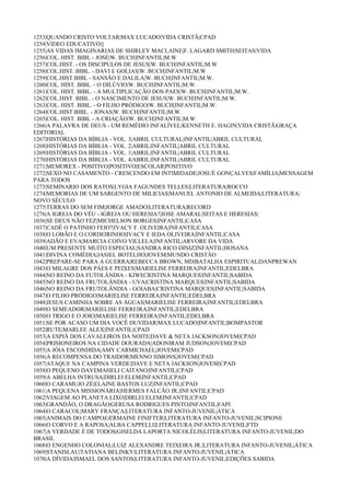 1253|QUANDO CRISTO VOLTAR|MAX LUCADO|VIDA CRISTÃ|CPAD
1254|VIDEO EDUCATIVO|||
1255|AS VIDAS IMAGINARIAS DE SHIRLEY MACLAINE|F. LAGARD SMITH|SEITAS|VIDA
1256|COL. HIST. BIBL - JOSÉ|W. BUCH|INFANTIL|M.W
1257|COL.HIST. - OS DISCIPULOS DE JESUS|W. BUCH|INFANTIL|M.W
1258|COL.HIST. BIBL. - DAVI E GOLIAS|W. BUCH|INFANTIL|M.W
1259|COL.HIST.BIBL - SANSÃO E DALILA|W. BUCH|INFANTIL|M.W.
1260|COL. HIST. BIBL. - O DILÚVIO|W. BUCH|INFANTIL|M.W.
1261|COL. HIST. BIBL. - A MULTIPLICAÇÃO DOS PAES|W. BUCH|INFANTIL|M.W.
1262|COL.HIST. BIBL. - O NASCIMENTO DE JESUS|W. BUCH|INFANTIL|M.W.
1263|COL. HIST. BIBL. - O FILHO PRÓDIGO|W. BUCH|INFANTIL|M.W.
1264|COL.HIST.BIBL. - JONAS|W. BUCH|INFANTIL|M.W.
1265|COL. HIST. BIBL - A CRIAÇÃO|W. BUCH|INFANTIL|M.W.
1266|A PALAVRA DE DEUS - UM REMÉDIO INFALÍVEL|KENNETH E. HAGIN|VIDA CRISTÃ|GRAÇA
EDITORIAL
1267|HISTÓRIAS DA BÍBLIA - VOL. 3|ABRIL CULTURAL|INFANTIL|ABRIL CULTURAL
1268|HISTÓRIAS DA BÍBLIA - VOL. 2|ABRIL|INFANTIL|ABRIL CULTURAL
1269|HISTÓRIAS DA BÍBLIA - VOL. 1|ABRIL|INFANTIL|ABRIL CULTURAL
1270|HISTÓRIAS DA BÍBLIA - VOL. 4|ABRIL|INFANTIL|ABRIL CULTURAL
1271|MEMOREX - POSITIVO|POSITIVO|ESCOLAR|POSITIVO
1272|SEXO NO CASAMENTO - CRESCENDO EM INTIMIDADE|JOSUÉ GONÇALVES|FAMÍLIA|MENSAGEM
PARA TODOS
1273|SEMINARIO DOS RATOS|LYGIA FAGUNDES TELLES|LITERATURA|ROCCO
1274|MEMORIAS DE UM SARGENTO DE MILICIAS|MANUEL ANTONIO DE ALMEIDA|LITERATURA|
NOVO SÉCULO
1275|TERRAS DO SEM FIM|JORGE AMADO|LITERATURA|RECORD
1276|A IGREJA DO VÉU - IGREJA OU HERESIA?|JOSE AMARAL|SEITAS E HERESIAS|
1036|SE DEUS NÃO FEZ|MICHELSON BORGES|INFANTIL|CASA
1037|CADÊ O PATINHO FEIO?|IVACY F. OLIVEIRA|INFANTIL|CASA
1038|O LOBÃO E O CORDEIRINHO|IVACY E IEDA OLIVEIRA|INFANTIL|CASA
1039|ADÃO E EVA|MARCIA COIVO VILLELA|INFANTIL|ARVORE DA VIDA
1040|UM PRESENTE MUITO ESPECIAL|SANDRA RICO DINIZ|INFANTIL|HOSANA
1041|DIVINA COMÉDIA|JASIEL BOTELHO|JOVEM|MUNDO CRISTÃO
1042|PREPARE-SE PARA A GUERRA|REBECCA BROWN, MD|BATALHA ESPIRITUAL|DANPREWAN
1043|O MILAGRE DOS PÂES E PEIXES|MARIELISE FERREIRA|INFANTIL|EDELBRA
1044|NO REINO DA FUTOLÂNDIA - KIWI|CRISTINA MARQUES|INFANTIL|SABIDA
1045|NO REINO DA FRUTOLÂNDIA - UVA|CRISTINA MARQUES|INFANTIL|SABIDA
1046|NO REINO DA FRUTOLÂNDIA - GOIABA|CRISTINA MARQUES|INFANTIL|SABIDA
1047|O FILHO PRÓDIGO|MARIELISE FERREIRA|INFANTIL|EDELBRA
1048|JESUS CAMINHA SOBRE AS ÁGUAS|MARIELISE FERREIRA|INFANTIL|EDELBRA
1049|O SEMEADOR|MARIELISE FERREIRA|INFANTIL|EDELBRA
1050|O TRIGO E O JOIO|MARIELISE FERREIRA|INFANTIL|EDELBRA
1051|SE POR ACASO UM DIA VOCÊ DUVIDAR|MAX LUCADO|INFANTIL|BOMPASTOR
1052|RUTE|MARLEE ALEX|INFANTIL|CPAD
1053|A ESPIÂ DOS CAVALEIROS DA NOITE|DAVE & NETA JACKSON|JOVEM|CPAD
1054|PRISIONEIROS NA CIDADE DOURADA|ADONIRAM JUDSON|JOVEM|CPAD
1055|A JÓIA ESCONDIDA|AMY CARMICHAEL|JOVEM|CPAD
1056|A RECOMPENSA DO TRAIDOR|MENNO SIMONS|JOVEM|CPAD
1057|ATAQUE NA CAMPINA VERDE|DAVE E NETA JACKSON|JOVEM|CPAD
1058|O PEQUENO DAVI|MAHELI CAITANO|INFANTIL|CPAD
1059|A ABELHA INTRUSA|DIRLEI ELEM|INFANTIL|CPAD
1060|O CARAMUJO ZÉ|ELAINE BASTOS LUZ|INFANTIL|CPAD
1061|A PEQUENA MISSIONÁRIA|HERMES FALCÃO JR.|INFANTIL|CPAD
1062|VIAGEM AO PLANETA LIXO|DIRLEI ELEM|INFANTIL|CPAD
1063|GRANDÃO, O DRAGÃO|GERUSA RODRIGUES PINTO|INFANTIL|FAPI
1064|O CARACOL|MARY FRANÇA|LITERATURA INFANTO-JUVENIL|ÁTICA
1065|ANIMAIS DO CAMPO|GERMAINE FINIFTER|LITERATURA INFANTO-JUVENIL|SCIPIONE
1066|O CORVO E A RAPOSA|ALBA CAPPELLI|LITERATURA INFANTO-JUVENIL|FTD
1067|A VERDADE É DE TODOS|GISELDA LAPORTA NICOLÉLIS|LITERATURA INFANTO-JUVENIL|DO
BRASIL
1068|O ENGENHO COLONIAL|LUIZ ALEXANDRE TEIXEIRA JR.|LITERATURA INFANTO-JUVENIL|ÁTICA
1069|STANISLAU|TATIANA BELINKY|LITERATURA INFANTO-JUVENIL|ÁTICA
1070|A DÍVIDA|ISMAEL DOS SANTOS|LITERATURA INFANTO-JUVENIL|EDIÇÕES SABIDA
 
