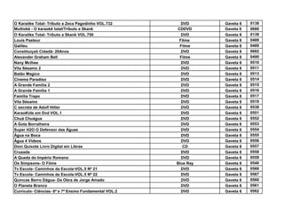 O Karaôke Total- Tributo a Zeca Pagodinho VOL.732         DVD      Gaveta 6   0138
Multiokê - O karaokê total/Tributo a Skank              CDDVD      Gaveta 6   0686
O Karaôke Total- Tributo a Skank VOL.750                  DVD      Gaveta 6   0139
Louis Pasteur                                            Filme     Gaveta 6   0488
Galileu                                                  Filme     Gaveta 6   0489
Constituiçaõ Cidadã- 20Anos                               DVD      Gaveta 6   0682
Alexander Graham Bell                                    Filme     Gaveta 6   0490
Nany Mclhee                                               DVD      Gaveta 6   0510
Vila Sésamo 2                                             DVD      Gaveta 6   0511
Balão Magico                                              DVD      Gaveta 6   0513
Cinema Paradiso                                           DVD      Gaveta 6   0514
A Grande Familia 2                                        DVD      Gaveta 6   0515
A Grande Familia 1                                        DVD      Gaveta 6   0516
Familia Trapo                                             DVD      Gaveta 6   0517
Vila Sésamo                                               DVD      Gaveta 6   0519
C secreta de Adolf Hitler                                 DVD      Gaveta 6   0538
KaraoKids em Dvd VOL.1                                    DVD      Gaveta 6   0551
Chuá Chuágua                                              DVD      Gaveta 6   0552
A Gota Borralheira                                        DVD      Gaveta 6   0553
Super H2O O Defensor das Águas                            DVD      Gaveta 6   0554
Água na Boca                                              DVD      Gaveta 6   0555
Água 4 Vídeos                                             DVD      Gaveta 6   0556
Dom Quixote Livro Digital em Libras                        CD      Gaveta 6   0557
Cruzada                                                   DVD      Gaveta 6   0558
A Queda do Império Romano                                 DVD      Gaveta 6   0559
Os Simpsons- O Filme                                    Blue Ray   Gaveta 6   0540
Tv Escola- Caminhos da Escola-VOL.5 Nº 21                 DVD      Gaveta 6   0566
Tv Escola- Caminhos da Escola-VOL.5 Nº 22                 DVD      Gaveta 6   0567
Quincas Berro Dágua- Da Obra de Jorge Amado               DVD      Gaveta 6   0560
O Planeta Branco                                          DVD      Gaveta 6   0561
Currículo- Ciências- 6ª e 7ª Ensino Fundamental VOL.2     DVD      Gaveta 6   0562
 