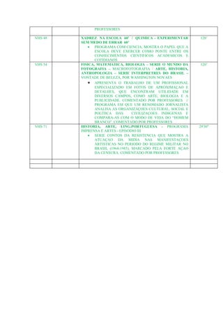 PROFESSORES

VHS 48   XADREZ NA ESCOLA 60’ / QUIMICA – EXPERIMENTAR         120’
         SEM MEDO DE ERRAR 60’
             • PROGRAMA COM CIENCIA, MOSTRA O PAPEL QUE A
                ESCOLA DEVE EXERCER COMO PONTE ENTRE OS
                CONHECIMENTOS CIENTIFICOS ACADEMICOS E
                COTIDIANOS
VHS 54   FISICA, MATEMATICA, BIOLOGIA – SERIE O MUNDO DA       120’
         FOTOGRAFIA – MACROFOTOGRAFIA / ARTE, HISTORIA,
         ANTROPOLOGIA – SERIE INTERPRETRES DO BRASIL –
         VONTADE DE BELEZA, POR WASHINGTON NOVAES
             • APRESENTA O TRABALHO DE UM PROFISSIONAL
                ESPECIALIZADO EM FOTOS DE APROXIMAÇAO E
                DETALHES, QUE ENCONTRAM UTILIDADE EM
                DIVERSOS CAMPOS, COMO ARTE, BIOLOGIA E A
                PUBLICIDADE. COMENTADO POR PROFESSORES //
                PROGRAMA EM QUE UM RENOMADO JORNALISTA
                ANALISA AS ORGANIZAÇOES CULTURAL, SOCIAL E
                POLITICA DAS        CIVILIZAÇOES INDIGENAS E
                COMPARA-AS COM O MODO DE VIDA DO “HOMEM
                BRANCO”. COMENTADO POR PROFESSORES
VHS 71   HISTORIA, ARTE, LING.PORTUGUESA - PROGRAMA            29'30"
         IMPRENSA E ARTES - EPISODIO III
             • SERIE CONTOS DA RESISTENCIA QUE MOSTRA A
                ATUAÇAO DA MIDIA NAS MANIFESTAÇOES
                ARTISTICAS NO PERIODO DO REGIME MILITAR NO
                BRASIL (1964-1985), MARCADO PELA FORTE AÇAO
                DA CENSURA. COMENTADO POR PROFESSORES
 