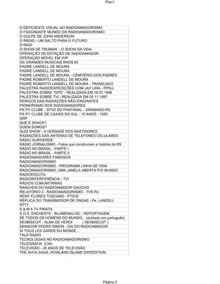 Plan1




O DEFICIENTE VISUAL NO RADIOAMADORISMO
O FASCINANTE MUNDO DO RADIOAMADORISMO
O GOLPE DE JOHN ANDERSON
O RÁDIO - UM SALTO PARA O FUTURO
O RAIO
O SHOW DE TRUMAN - O SHOW DA VIDA.
OPERAÇÃO DE ESTAÇÃO DE RADIOAMADOR
OPERAÇÃO MÓVEL EM VHF
OS GRANDES MUSICAIS ANOS 60
PADRE LANDELL DE MOURA
PADRE LANDELL DE MOURA
PADRE LANDELL DE MOURA - CEMITÉRIO DOS PADRES
PADRE ROBERTO LANDELL DE MOURA
PADRE ROBERTO LANDELL DE MOURA - TRANSLADO
PALESTRA RADIOEXPEDIÇÕES COM JAY LIRA - PP5LL
PALESTRA SOBRE "GPS" - REALIZADA EM 18.07.1998
PALESTRA SOBRE TVI - REALIZADA EM 05.11.1997
PERIGOS DAS RADIAÇÕES NÃO-IONIZANTES
PIONEIRISMO DOS RADIOAMADORES
PX PY CLUBE - SÍTIO DO PANTANAL - GRAMADO-RS
PX PY CLUBE DE CAXIAS DO SUL - 15 ANOS - 1995
QRP
QUE É SHACK?
QUEM SOMOS?
QUIZ SHOW - A VERDADE DOS BASTIDORES
RADIAÇÕES DAS ANTENAS DE TELEFONES CELULARES
RÁDIO AURIVERDE
RÁDIO JORNALISMO - Fatos que construíram a história do RS
RÁDIO NO BRASIL - PARTE I
RÁDIO NO BRASIL - PARTE II
RADIOAMADORES FAMOSOS
RADIOAMADORISMO
RADIOAMADORISMO - PROGRAMA LINHA DE VIDA
RADIOAMADORISMO, UMA JANELA ABERTA P/O MUNDO
RADIOESCUTA
RADIOINTERFERÊNCIA - TVI
RÁDIOS COMUNITÁRIAS
RANCHOS DO RADIOAMADOR GAÚCHO
RELATÓRIO 2 - RADIOAMADORISMO - TVE-RJ
REMY FLORES TOSCANO - PT2VE
RÉPLICA DO TRANSMISSOR DE ONDAS - Pe. LANDELL
RTTY
S & M A TV PIRATA
S.O.S. ENCHENTE - BLUMENAU-SC - REPORTAGEM
SE TODOS OS HOMENS DO MUNDO... (dublado em português)
SEABISCUIT - ALMA DE HERÓI       ( SEABISCUIT )
SENADOR PEDRO SIMON - DIA DO RADIOAMADOR
SI TOUS LES GARDS DU MONDE...
TALK RADIO
TECNOLOGIAS NO RADIOAMADORISMO
TELEGRAFIA (CW)
TELEVISÃO - 40 ANOS DE TELEVISÃO
THE AH1A SAGA: HOWLAND ISLAND DXPEDITION




                                             Página 2
 