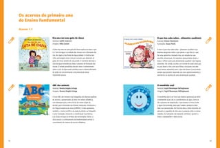 52 53
O mundinho azul
Autor(a): Ingrid Biesemeyer Bellinghausen
Imagens: Ingrid Biesemeyer Bellinghausen
O mundinho azul é um livro cuja história oportuniza ao leitor
compreender quais são as características da água, como se
dá o processo de evaporação, o que provoca a chuva, onde
a água é encontrada, para que é usada e porque se deve
fazer uso racional dela. No final da obra, o leitor encontra um
glossário e sugestões de sites para a pesquisa sobre os temas
tratados. As ilustrações são bastante coloridas e ajudam o
leitor a compreender o texto escrito.
O que Ana sabe sobre... alimentos saudáveis
Autor(a): Simeon Marinkovic
Ilustrações: Dusan Pavlic
A obra O que Ana sabe sobre... alimentos saudáveis traz
diversas perguntas sobre o que pensa, o que fala e o que
faz uma garotinha chamada Ana, em relação às suas
escolhas alimentares. As respostas apresentadas levam o
leitor a refletir acerca da alimentação saudável e da higiene
alimentar. Há, ainda, na obra, um convite do autor para que
os pais leiam o livro com seus filhos e discutam com eles
esses temas, atentando para o que eles dizem e procurando,
sempre que possível, responder aos seus questionamentos e
orientá-los no sentido de uma alimentação saudável.
Os acervos do primeiro ano
do Ensino Fundamental
Acervo 1.1
Era uma vez uma gota de chuva
Autor(a): Judith Anderson
Imagens: Mike Gordon
A obra Era uma vez uma gota de chuva explica ao leitor o que
é o ‘ciclo da água’ e a relação das chuvas com a formação dos
rios, dos lagos e das fontes de água potável. A história tem
como personagem duas crianças curiosas, que observam as
gotas de chuva através de uma janela. A narrativa descreve o
ciclo da água tomando por base o processo de formação das
chuvas. O enredo possibilita discutir como o conhecimento
sobre o ciclo da água pode contribuir para o desenvolvimento
de ações de conscientização e de preservação desse
importante recurso.
ABC dos animais
Autor(a): Renata Aragão Artiaga
Imagens: Renata Aragão Artiaga
O livro ABC dos animais traz fotografias de diversas espécies
de animais, apresentadas ao leitor em ordem alfabética,
com destaque para a letra inicial do nome vulgar do
animal, que é mostrado nas formas maiúscula, minúscula e
em língua brasileira de sinais (LIBRAS). A obra apresenta,
também, o nome científico da espécie exibida na fotografia
e uma ilustração, indicando a classificação taxonômica
e os locais em que os animais são encontrados. Assim, a
obra associa o conhecimento da biodiversidade animal à
consolidação do sistema de escrita alfabética.
 