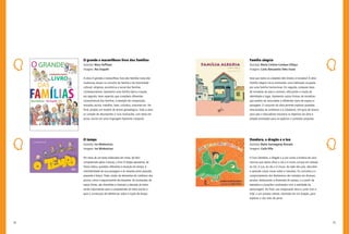 74 75
Família alegria
Autor(a): Maria Cristina Conduru Villaça
Imagens: Carla Alessandra Teles Irusta
Será que todos os cidadãos têm direito à moradia? A obra
Família alegria inicia mostrando uma habitação ocupada
por uma família harmoniosa. Em seguida, compara tipos
de moradias de aves e animais, reforçando a noção de
identidade e lugar. Apresenta outras formas de moradias,
que podem ser associadas a diferentes tipos de espaço e
paisagem. O conjunto da obra permite explorar questões
relacionadas ao ambiente e à cidadania. Um guia de leitura
para pais e educadores esclarece os objetivos da obra e
propõe atividades para se explorar o conteúdo proposto.
Dandara, o dragão e a lua
Autor(a): Maíra Suertegaray Rossato
Imagens: Carla Pilla
O livro Dandara, o dragão e a lua conta a história de uma
menina que adora olhar o céu e é muito curiosa em relação
ao Sol, à Lua, ao céu e à chuva. Ao lado dos pais, descobre
e aprende coisas novas sobre a natureza. Os conceitos e o
comportamento dos fenômenos são tratados em diversas
escalas, destacando a dimensão do espaço, e a partir de
exemplos e situações condizentes com a realidade da
personagem. Ao final, sua imaginação leva-a, junto com a
mãe, a um passeio celeste, montada em um dragão, para
explorar o céu mais de perto.
O grande e maravilhoso livro das famílias
Autor(a): Mary Hoffman
Imagens: Ros Asquith
A obra O grande e maravilhoso livro das famílias trata das
mudanças atuais no conceito de família e da diversidade
cultural, religiosa, econômica e social das famílias
contemporâneas. Apresenta uma família típica e expõe,
em seguida, treze aspectos que compõem diferentes
características das famílias, a exemplo de composição,
moradia, escola, trabalho, lazer, culinária, costumes etc. No
final, propõe um modelo de árvore genealógica. Toda a obra
se compõe de abundantes e ricas ilustrações, com texto em
prosa, escrito em uma linguagem bastante coloquial.
O tempo
Autor(a): Ivo Minkovicius
Imagens: Ivo Minkovicius
Por meio de um texto elaborado em rimas, de fácil
compreensão pelas crianças, o livro O tempo apresenta, de
forma lúdica, questões referentes à duração do tempo, à
inevitabilidade de sua passagem e às relações entre passado,
presente e futuro. Trata, ainda, de elementos do cotidiano dos
alunos, como o esquecimento de situações. As ilustrações, de
traços fortes, são divertidas e chamam a atenção do leitor,
sendo importantes para a compreensão do texto escrito e
para a construção de referências sobre a noção de tempo.
 