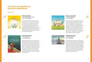 82 83
Tudo por causa do pum?
Autor(a): Maíra Suertegaray
Imagens: André Aguiar
A obra Tudo por causa do pum? discute, de forma bem-
humorada, a questão do aquecimento global. A discussão
se faz a partir da ideia de que a flatulência (o “pum”)
dos bovinos produz gases poluentes responsáveis pelo
aquecimento. Na história, a vaca Godofreda e suas amigas,
indignadas com tal afirmação, fazem greve de fome e
conseguem mostrar que as queimadas das florestas e do
lixo, os desmatamentos e o consumo dos combustíveis
fósseis são muito mais impactantes para o meio ambiente,
levando o leitor à conclusão de que o ser humano é o
principal responsável pelo aquecimento global.
A poluição tem solução
Autor(a): Guca Domenico
Imagens: Adriana Ortiz
A poluição ambiental é a temática do livro A poluição tem
solução. A história nele contada versa sobre o garoto Nando,
de sete anos de idade, que mora numa cidade divertida, mas
bastante poluída pela fumaça das fábricas, pelos ruídos dos
martelos, das sirenes, e pelas garrafas plásticas jogadas nos
rios. Para mostrar soluções, a história relata as atividades de
Nando e sua turma, que optam por andar de bicicleta ou de
ônibus, reciclam o lixo, dentre outras atitudes, mostrando
ao leitor que, quando unidas, as pessoas podem encontrar
soluções para o problema da poluição.
Os acervos do segundo ano
do Ensino Fundamental
Acervo 2.1
História de Dentinho
Autor(a): Maria Hilda de Paiva Andrade
Imagens: Nilson Bispodejesus
A obra História de Dentinho apresenta como cenário o
interior da boca, palco em que a garotinha Nina, de sete
anos de idade, que costuma esquecer-se da escovação,
vai mostrando ao leitor o processo de formação da
cárie, as consequências desse processo para a dentição
e a necessidade de intervenções periódicas, feitas por
profissionais especializados. Como muitas de nossas crianças
têm perda precoce dos dentes, é importante discutir, em
nossos espaços de aprendizagem, os cuidados necessários
para uma adequada higiene bucal.
A quarta-feira de Jonas
Autor(a): Socorro Aciole
Imagens: Rafael Limaverde
A quarta-feira de Jonas é um livro que, por meio de uma
história centrada na amizade entre o menino Jonas e uma
família de golfinhos, apresenta situações decorrentes da
nossa atitude em relação ao descarte dos resíduos. Nessa
perspectiva, a autora traz duas possibilidades de final da
história: a poluição das águas e a consequente morte dos
animais, ou a preservação dos ambientes pela reciclagem
dos resíduos. O enredo convida o leitor a refletir sobre
a importância das atitudes em favor do meio ambiente,
que beneficiam o ser humano e os outros animais, em um
exercício de cidadania.
 