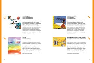 106 107
O tabuleiro da baiana
Autor(a): Sônia Rosa
Imagens: Rosinha Campos
O livro O tabuleiro da baiana é um convite ao universo
lúdico da cultura popular, por meio de uma de suas
manifestações mais importantes, ‘a baiana e seu tabuleiro’.
Com uma linguagem poética, esta obra possibilita ao leitor
entrar em contato com a gastronomia, as vestimentas e
os ritos que caracterizam a figura da baiana, herança dos
africanos escravizados no Brasil e, hoje, um dos símbolos
de resistência negra. O educador encontra no livro uma
ótima oportunidade para problematizar, com os alunos, a
história, a arte e a cultura da África, bem como as leis que
regulamentam seu ensino.
Desvendando a bateria da escola de samba
Autor(a): Márcio Luiz Gusmão Coelho e Ana Maria Favaretto
Imagens: Maurício Froldi
A obra Desvendando a bateria da escola de samba apresenta
a bateria de uma escola de samba como um conjunto musical
expressivo da cultura popular brasileira: como se constitui,
quais os seus instrumentos e as curiosidades históricas sobre
o surgimento dessa escola em nosso país. Traz, também,
fotografias que mostram, com riqueza de detalhes, a postura
do músico para cada um dos instrumentos. É uma obra que
possibilita ao leitor compreender o valor artístico de uma
bateria de escola de samba e o papel das culturas populares
na formação das identidades brasileiras.
Festa da taquara
Autor(a): Fabiana Ferreira Lopes
Imagens: Fabiana Ferreira Lopes
Quem já ouviu o som da taquara, um tipo de bambu usado
como instrumento de sopro? A obra Festa da taquara
ensina que, na aldeia “Ahia Kalapalo”, no Parque Nacional
do Xingu, a festa da taquara dura um mês. Durante
os preparativos, muitos aspectos do modo de vida dos
índios podem ser observados: como recebem seus vizinhos
e interagem com o ambiente; qual a procedência dos
pigmentos usados nas pinturas do corpo; como pescam,
coletam e preparam os alimentos etc. Os conceitos de lugar,
paisagem, território e cultura são tratados de forma indireta,
mas também estão presentes na obra.
Arco-íris
Autor(a): Elizabeth Hazin
Imagens: Fernando Leite
Violeta, anil, azul, verde, amarelo, alaranjado e vermelho.
Você sabia que essas são as cores do arco-íris? A obra Arco-
íris apresenta as cores do arco-íris, por meio de diferentes
poemas que buscam estabelecer relações com o nosso
cotidiano: “Borboleta violeta... Azul é o céu... Vermelho
botão de rosa... Quero um bago de laranja”. O livro traz,
ainda, a explicação de um neurocientista sobre a captação
das cores através dos olhos. Além disso, todos os poemas
da obra foram musicados pelo compositor César Barreto e
podem ser encontrados na Web.
 