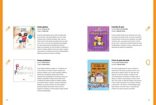 130 131
O pirulito do pato
Autor(a): Nílson José Machado
Imagens: Alejandro Rosas
A obra O pirulito do pato conta a história de Lino e Dino,
dois patinhos que querem dividir um pirulito. Inicialmente,
a divisão deveria ser feita por dois igualmente, mas chega
um terceiro pato, e eles agora precisam dividir o pirulito
por três. Assim, a história traz situações-problema de modo
contextualizado e atraente às crianças, colaborando para a
valorização das atitudes de compartilhar.
O livro do pode-não-pode
Autor(a): Rosa Amanda Strausz
Ilustração: Eduardo Albini
Em O livro do pode-não-pode, conta-se a história do
caminhoneiro Tião Parada, que adora seu ofício e vive
percorrendo as regiões do Brasil. Em cada lugar onde
chega ele cria laços de amizade e se apega ao local.
Gosta especialmente do Nordeste, por apreciar tudo: as
pessoas, as cidades e, especialmente, a comida, motivo
que o leva à prisão na cidade de Piripaque. Essa obra leva
o leitor a refletir sobre temas como cidadania, liberdade
e autoritarismo. Tião Parada e o temido delegado Jegue
Brabo revelam, de maneira cômica, a importância de
conhecer as leis para lutar pelos seus direitos.
Irmãos gêmeos
Autor(a): Young So Yoo
Imagens: Young Park
Entre dois irmãos gêmeos, quem é mais? A resposta pode
ser encontrada na obra Irmãos gêmeos, que é um convite
à reflexão sobre as diferentes grandezas. Nela, conta-se a
história de dois irmãos gêmeos que disputam para ver quem
é mais. Assim, a obra trata da comparação entre grandezas,
sem medir, apenas diante da alteração de formato dos
objetos e dos recipientes. No final da história, as diferenças se
anulam e o espírito solidário do amor entre irmãos é revelado,
o que propicia um contexto para se discutir individualidades e
diferenças, próprias do convívio em sociedade.
Poemas problemas
Autor(a): Renata Bueno
Imagens: Renata Bueno
A obra Poemas problemas compõe-se de 17 problemas, em
forma de poemas, com ideias criativas e divertidas, que
exploram conteúdos como: as quatro operações, sequência
periódica de cores (padrões), intersecções de classes,
mapeamento de possibilidades em situações de arranjo com
repetição, propriedades de figuras planas, dentre outros.
A coletânea dos problemas oferece ao professor situações
que envolvem diversos conteúdos e assuntos matemáticos,
problemas com excesso de dados, com várias respostas
possíveis, problemas de estruturas mistas. No final, as
respostas dos problemas e uma discussão da origem da ideia
da obra são apresentadas.
 