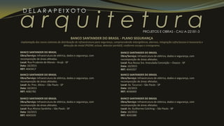 a r q u i t e t u r a
D E L A R A P E I X O T O
PROJETOS E OBRAS - CAU A-22181-3
BANCO SANTANDER DO BRASIL
Obra/Serviço: Infraestrutura de elétrica, dados e segurança, com
recomposição de áreas afetadas.
Local: Rua Prudente de Morais - Arujá - SP
Data: 10/2015
RRT: 4043417
BANCO SANTANDER DO BRASIL
Obra/Serviço: Infraestrutura de elétrica, dados e segurança, com
recomposição de áreas afetadas.
Local: Av. Pres. Altino – São Paulo - SP
Data: 10/2015
RRT: 4082782
BANCO SANTANDER DO BRASIL - PLANO SEGURANÇA
implantação dos novos sistemas de distribuição de infraestrutura para segurança, compreendendo televigilância, alarmes, integração cofre/acesso à tesouraria e
detecção de metal (PGDM, eclusa, detector portátil), conforme escopo e cronograma.
BANCO SANTANDER DO BRASIL
Obra/Serviço: Infraestrutura de elétrica, dados e segurança, com
recomposição de áreas afetadas.
Local: Rua Afonso Sardinha – São Paulo - SP
Data: 10/2015
RRT: 4043335
BANCO SANTANDER DO BRASIL
Obra/Serviço: Infraestrutura de elétrica, dados e segurança, com
recomposição de áreas afetadas.
Local: Rua Nossa Sra. Imaculada Conceição – Osasco - SP
Data: 10/2015
RRT: 4043357
BANCO SANTANDER DO BRASIL
Obra/Serviço: Infraestrutura de elétrica, dados e segurança, com
recomposição de áreas afetadas.
Local: Av. Tucuruvi – São Paulo - SP
Data: 10/2015
RRT: 4036069
BANCO SANTANDER DO BRASIL
Obra/Serviço: Infraestrutura de elétrica, dados e segurança, com
recomposição de áreas afetadas.
Local: Av. Guilherme Cotching – São Paulo - SP
Data: 10/2015
RRT: 4043388
 