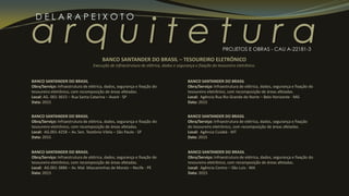 a r q u i t e t u r a
D E L A R A P E I X O T O
PROJETOS E OBRAS - CAU A-22181-3
BANCO SANTANDER DO BRASIL
Obra/Serviço: Infraestrutura de elétrica, dados, segurança e fixação do
tesoureiro eletrônico, com recomposição de áreas afetadas.
Local: AG. 001-3615 – Rua Santa Catarina – Avaré - SP
Data: 2015
BANCO SANTANDER DO BRASIL
Obra/Serviço: Infraestrutura de elétrica, dados, segurança e fixação do
tesoureiro eletrônico, com recomposição de áreas afetadas.
Local: AG.001-4258 – Av. Sen. Teotônio Vilela – São Paulo - SP
Data: 2015
BANCO SANTANDER DO BRASIL – TESOUREIRO ELETRÔNICO
Execução de infraestrutura de elétrica, dados e segurança e fixação do tesoureiro eletrônico.
BANCO SANTANDER DO BRASIL
Obra/Serviço: Infraestrutura de elétrica, dados, segurança e fixação do
tesoureiro eletrônico, com recomposição de áreas afetadas.
Local: Agência Centro – São Luis - MA
Data: 2015
BANCO SANTANDER DO BRASIL
Obra/Serviço: Infraestrutura de elétrica, dados, segurança e fixação do
tesoureiro eletrônico, com recomposição de áreas afetadas.
Local: Agência Rua Rio Grande do Norte – Belo Horizonte - MG
Data: 2015
BANCO SANTANDER DO BRASIL
Obra/Serviço: Infraestrutura de elétrica, dados, segurança e fixação
do tesoureiro eletrônico, com recomposição de áreas afetadas.
Local: Agência Cuiabá - MT
Data: 2015
BANCO SANTANDER DO BRASIL
Obra/Serviço: Infraestrutura de elétrica, dados, segurança e fixação de
tesoureiro eletrônico, com recomposição de áreas afetadas.
Local: AG.001-3886 – Av. Mal. Mascarenhas de Morais – Recife - PE
Data: 2015
 