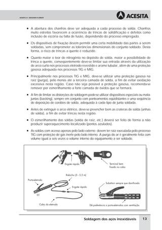 à A abertura dos chanfros deve ser adequada a cada processo de solda. Chanfros
muito estreitos favorecem a ocorrência de trincas de solidificação e defeitos como
inclusão de escória ou falta de fusão, dependendo do processo empregado.
à Os dispositivos de fixação devem permitir uma certa mobilidade das partes a serem
soldadas, sem comprometer as tolerâncias dimensionais do conjunto soldado. Desta
forma, o risco de trincas a quente é reduzido.
à Quanto maior o teor de nitrogênio no depósito de solda, maior a possibilidade de
trinca a quente, conseqüentemente deve-se limitar sua entrada através da utilização
de arco curto nos processos eletrodo revestido e arame tubular, além de uma proteção
gasosa adequada nos processos TIG e MIG.
à Principalmente nos processos TIG e MIG, deve-se utilizar uma proteção gasosa na
raiz (purga), pelo menos até a terceira camada de solda, a fim de evitar oxidação
excessiva nesta região. Caso não seja possível a proteção gasosa, recomenda-se
remover por esmerilhamento a forte camada de óxidos que se formará.
à A fim de limitar as distorções de soldagem pode-se utilizar dispositivos especiais ou mata-
juntas (backing), sempre em conjunto com ponteamentos eqüidistantes e uma seqüência
de deposição de cordões de solda, adequada à cada tipo de junta soldada.
à Antes de extinguir o arco elétrico, deve-se preencher bem as crateras de solda (unhas
de solda), a fim de evitar trincas nesta região.
à O esmerilhamento das soldas (solda de raiz, etc.) deverá ser feito de forma a não
produzir superaquecimento localizado (pontos azulados).
à As soldas com acesso apenas pelo lado externo devem ter raiz executada pelo processo
TIG com proteção de gás inerte pelo lado interno. A purga do ar é geralmente feita com
volume igual a seis vezes o volume interno do equipamento a ser soldado.
13
Soldagem dos aços inoxidáveis
 
