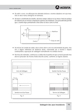 à Ao abrir o arco, na utilização de eletrodos básicos e arames tubulares em aço inox,
não se deve nunca alongá-lo em demasia.
à Ao fazer o enchimento do chanfro, devemos sempre colocar no seu início e final um pedaço
de material com as mesmas composições químicas do metal-base. Esse procedimento permite
que o chanfro fique perfeitamente cheio tanto no início como no final.
à Ao iniciar um cordão de solda, não se deve abrir o arco na extremidade da junta, mas
sim a alguns milímetros de distância desta, retornando até a mesma e depois
continuando a operação de soldagem normalmente no sentido inverso.
à Na troca de eletrodos, continua-se a solda não no ponto em que se havia parado mas
deve-se proceder do mesmo modo descrito acima, conforme as figuras abaixo:
15
Soldagem dos aços inoxidáveis
 