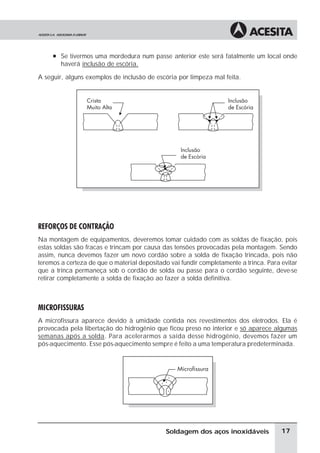 à Se tivermos uma mordedura num passe anterior este será fatalmente um local onde
haverá inclusão de escória.
A seguir, alguns exemplos de inclusão de escória por limpeza mal feita.
REFORÇOS DE CONTRAÇÃO
Na montagem de equipamentos, deveremos tomar cuidado com as soldas de fixação, pois
estas soldas são fracas e trincam por causa das tensões provocadas pela montagem. Sendo
assim, nunca devemos fazer um novo cordão sobre a solda de fixação trincada, pois não
teremos a certeza de que o material depositado vai fundir completamente a trinca. Para evitar
que a trinca permaneça sob o cordão de solda ou passe para o cordão seguinte, deve-se
retirar completamente a solda de fixação ao fazer a solda definitiva.
MICROFISSURAS
A microfissura aparece devido à umidade contida nos revestimentos dos eletrodos. Ela é
provocada pela libertação do hidrogênio que ficou preso no interior e só aparece algumas
semanas após a solda. Para acelerarmos a saída desse hidrogênio, devemos fazer um
pós-aquecimento. Esse pós-aquecimento sempre é feito a uma temperatura predeterminada.
17
Soldagem dos aços inoxidáveis
 