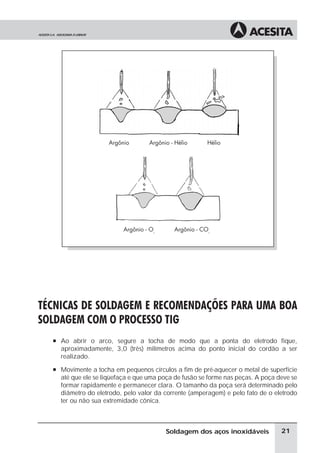 TÉCNICAS DE SOLDAGEM E RECOMENDAÇÕES PARA UMA BOA
SOLDAGEM COM O PROCESSO TIG
à Ao abrir o arco, segure a tocha de modo que a ponta do eletrodo fique,
aproximadamente, 3,0 (três) milímetros acima do ponto inicial do cordão a ser
realizado.
à Movimente a tocha em pequenos círculos a fim de pré-aquecer o metal de superfície
até que ele se liqüefaça e que uma poça de fusão se forme nas peças. A poça deve se
formar rapidamente e permanecer clara. O tamanho da poça será determinado pelo
diâmetro do eletrodo, pelo valor da corrente (amperagem) e pelo fato de o eletrodo
ter ou não sua extremidade cônica.
21
Soldagem dos aços inoxidáveis
 