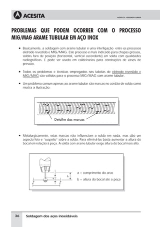 Soldagem dos aços inoxidáveis
PROBLEMAS QUE PODEM OCORRER COM O PROCESSO
MIG/MAG ARAME TUBULAR EM AÇO INOX
à Basicamente, a soldagem com arame tubular é uma interligação entre os processos
eletrodo revestido e MIG/MAG. Este processo é mais indicado para chapas grossas,
soldas fora de posição (horizontal, vertical ascendente) em solda com qualidades
radiográficas. E pode ser usado em caldeirarias para construções de vasos de
pressão.
à Todos os problemas e técnicas empregados nas tabelas de eletrodo revestido e
MIG/MAG são válidos para o processo MIG/MAG com arame tubular.
à Um problema comum apenas ao arame tubular são marcas no cordão de solda como
mostra a ilustração:
à Metalurgicamente, estas marcas não influenciam a solda em nada, mas dão um
aspecto feio e “suspeito” sobre a solda. Para eliminá-las basta aumentar a altura do
bocal em relação à peça. A solda com arame tubular exige altura do bocal mais alto.
36
a = comprimento do arco
b = altura do bocal até a peça
 
