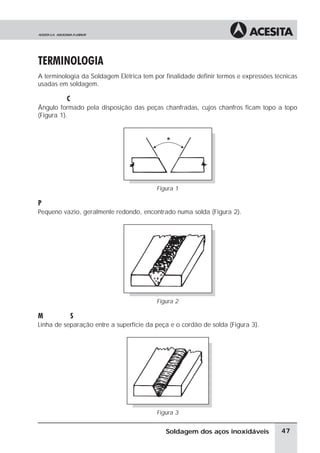 TERMINOLOGIA
A terminologia da Soldagem Elétrica tem por finalidade definir termos e expressões técnicas
usadas em soldagem.
´ngulo do Chanfro (*)
Ângulo formado pela disposição das peças chanfradas, cujos chanfros ficam topo a topo
(Figura 1).
Figura 1
Poro
Pequeno vazio, geralmente redondo, encontrado numa solda (Figura 2).
Figura 2
Margem da Solda
Linha de separação entre a superfície da peça e o cordão de solda (Figura 3).
Figura 3
47
Soldagem dos aços inoxidáveis
 