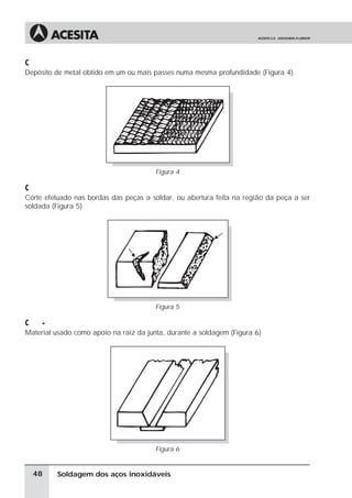Soldagem dos aços inoxidáveis
Camada
Depósito de metal obtido em um ou mais passes numa mesma profundidade (Figura 4).
Figura 4
Chanfro
Corte efetuado nas bordas das peças a soldar, ou abertura feita na região da peça a ser
soldada (Figura 5)
Figura 5
Cobre-junta
Material usado como apoio na raiz da junta, durante a soldagem (Figura 6)
Figura 6
48
 