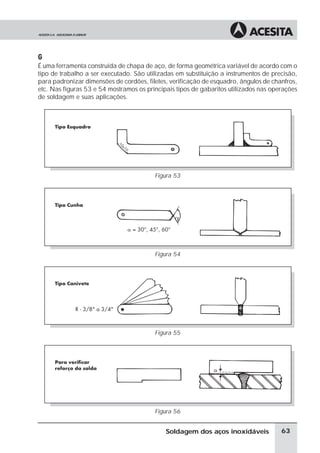 Gabarito
É uma ferramenta construída de chapa de aço, de forma geométrica variável de acordo com o
tipo de trabalho a ser executado. São utilizadas em substituição a instrumentos de precisão,
para padronizar dimensões de cordões, filetes, verificação de esquadro, ângulos de chanfros,
etc. Nas figuras 53 e 54 mostramos os principais tipos de gabaritos utilizados nas operações
de soldagem e suas aplicações.
Figura 53
Figura 54
Figura 55
Figura 56
63
Soldagem dos aços inoxidáveis
 