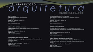 a r q u i t e t u r a
D E L A R A P E I X O T O
PROJETOS E OBRAS - CAU A-22181-3
J. B. D. PESSOA
Obra/Serviço: Reforma de apartamento.
Área: 114,87 m2
Local: Rua Tocantins – Santos - SP
Data: 04/2005
ART: 8210200502245685
CONDOMÍNIO EDIFÍCIO MARCIANO
Obra/Serviço: Reforma de fachada em edifício plurihabitacional.
Área: 70 m2
Local: Rua Silva Jardim – Santos - SP
Data: 05/2005
ART: 8210200502750797
CONDOMÍNIO EDIFÍCIO VASCO DA GAMA
Obra/Serviço: Reforma de garagem e sacadas do edifício: colocação de
cerâmica e pintura.
Área: 50 m2
Local: Rua Barão de Cotegipe – Santos - SP
Data: 05/2005
ART: 8210200502953655
CONDOMÍNIO CONJUNTO 5ª. AVENIDA
Obra/Serviço: Construção de telhado em edificação comercial.
Área: 300 m2
Local: Av. Ana Costa – Santos - SP
Data: 10/2005
ART: 8210200506995751
EDIFÍCIO TURIAÇU E ACARAÍ
Obra/Serviço: Manutenção predial em edifício plurihabitacional:
hidrojateamento de fachadas, com reposição de pastilhas e aplicação de
rejunte.
Local: Rua Alexandre Martins – Santos - SP
Data: 02/2006
ART: 8210200600859360
PORTO SERVIÇOS DE CONSTRUÇÃO CIVIL LTDA.
Obra/Serviço: Manutenção predial em edifício plurihabitacional:
hidrojateamento de fachadas, com reposição de pastilhas e aplicação de
rejunte.
Local: Rua Alexandre Martins – Santos - SP
Data: 02/2006
ART: 8210200600883643
 
