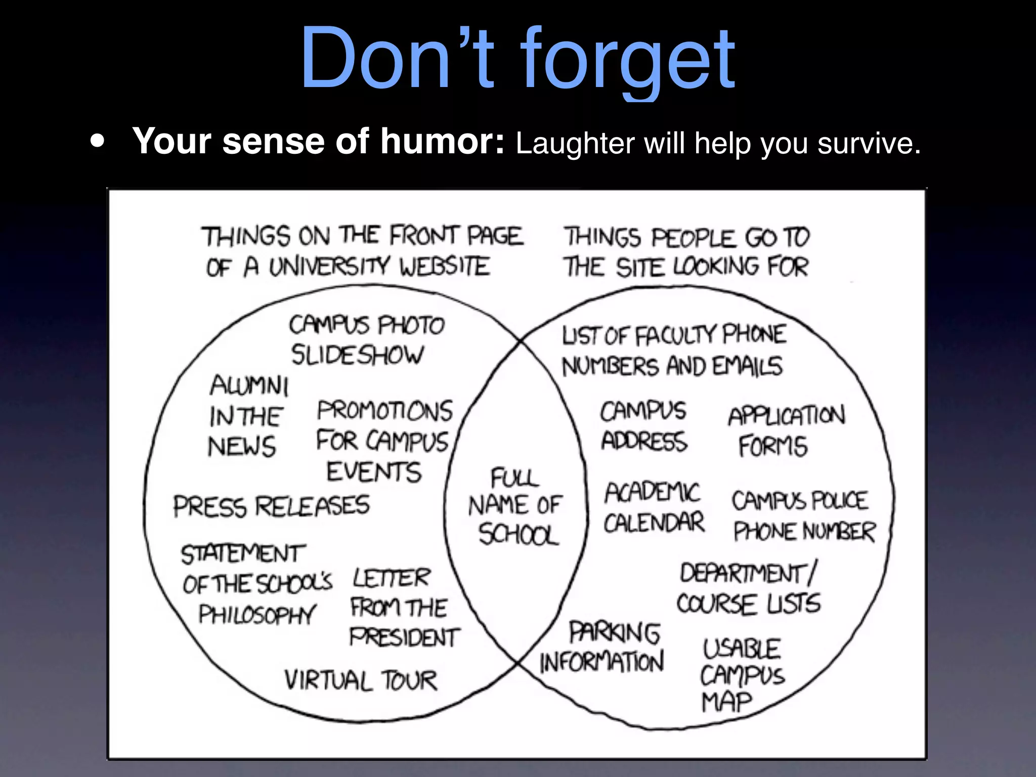 Don’t forget
•   Your sense of humor: Laughter will help you survive.
 