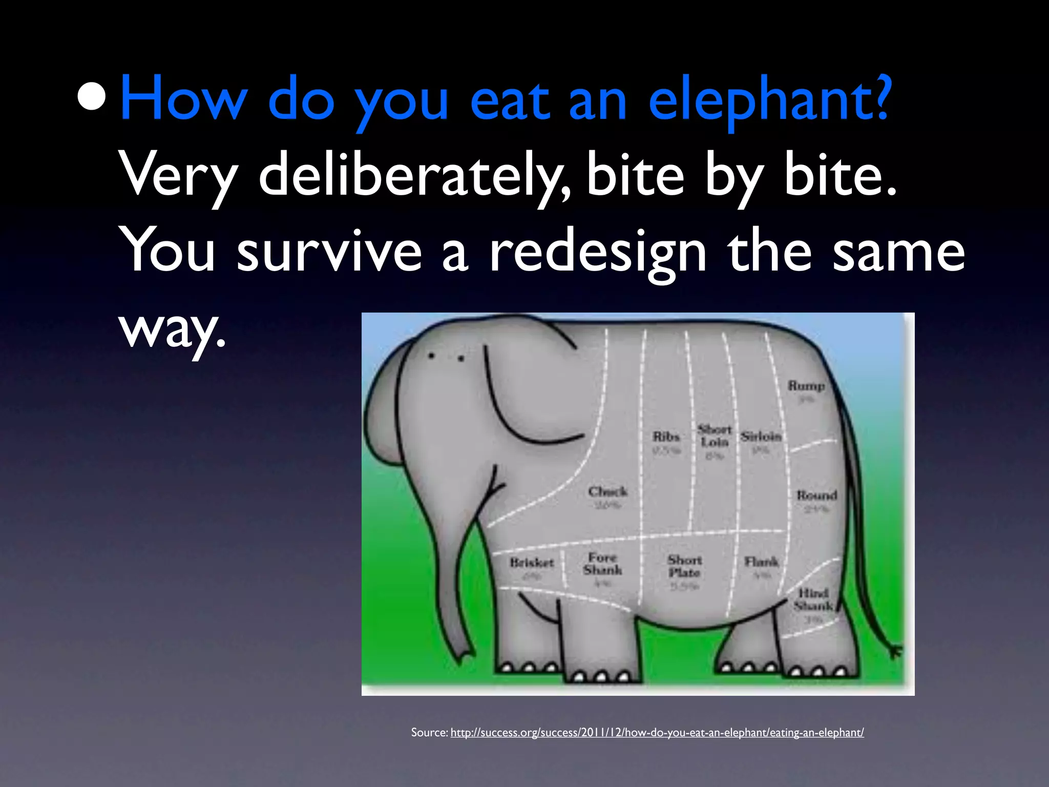 • How do you eat an elephant?
 Very deliberately, bite by bite.
 You survive a redesign the same
 way.




            Source: http://success.org/success/2011/12/how-do-you-eat-an-elephant/eating-an-elephant/
 