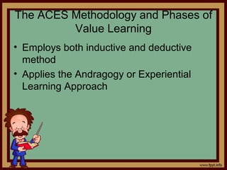 The ACES Methodology and Phases of
Value Learning
• Employs both inductive and deductive
method
• Applies the Andragogy or Experiential
Learning Approach
 