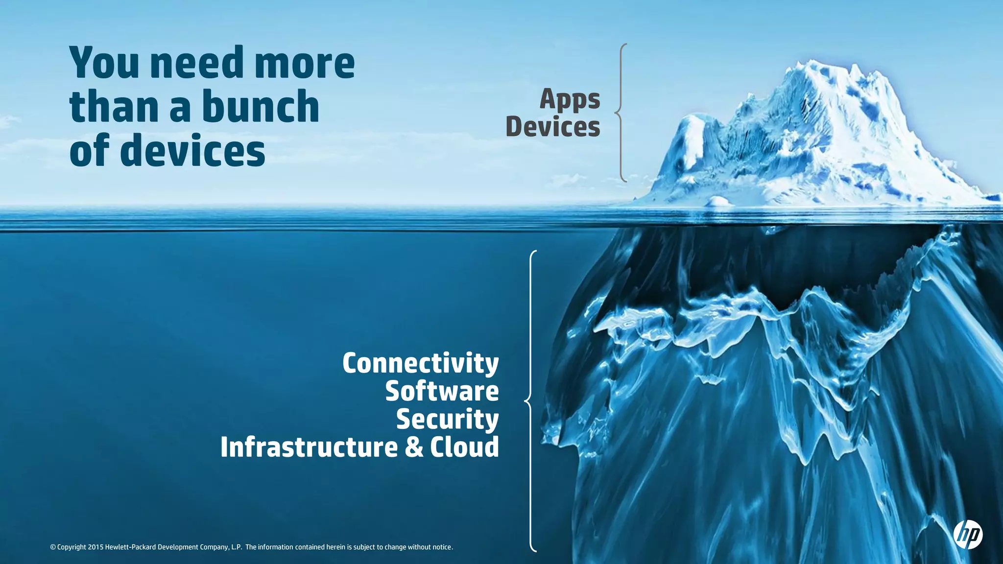 © Copyright 2015 Hewlett-Packard Development Company, L.P. The information contained herein is subject to change without notice.
You need more
than a bunch
of devices
Apps
Devices
Connectivity
Software
Security
Infrastructure & Cloud
 