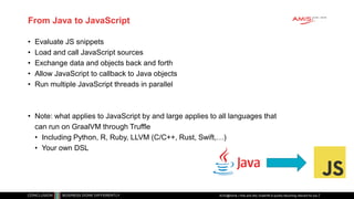 From Java to JavaScript
• Evaluate JS snippets
• Load and call JavaScript sources
• Exchange data and objects back and for...