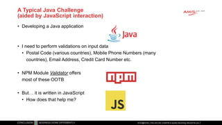 A Typical Java Challenge
(aided by JavaScript interaction)
• Developing a Java application
• I need to perform validations...