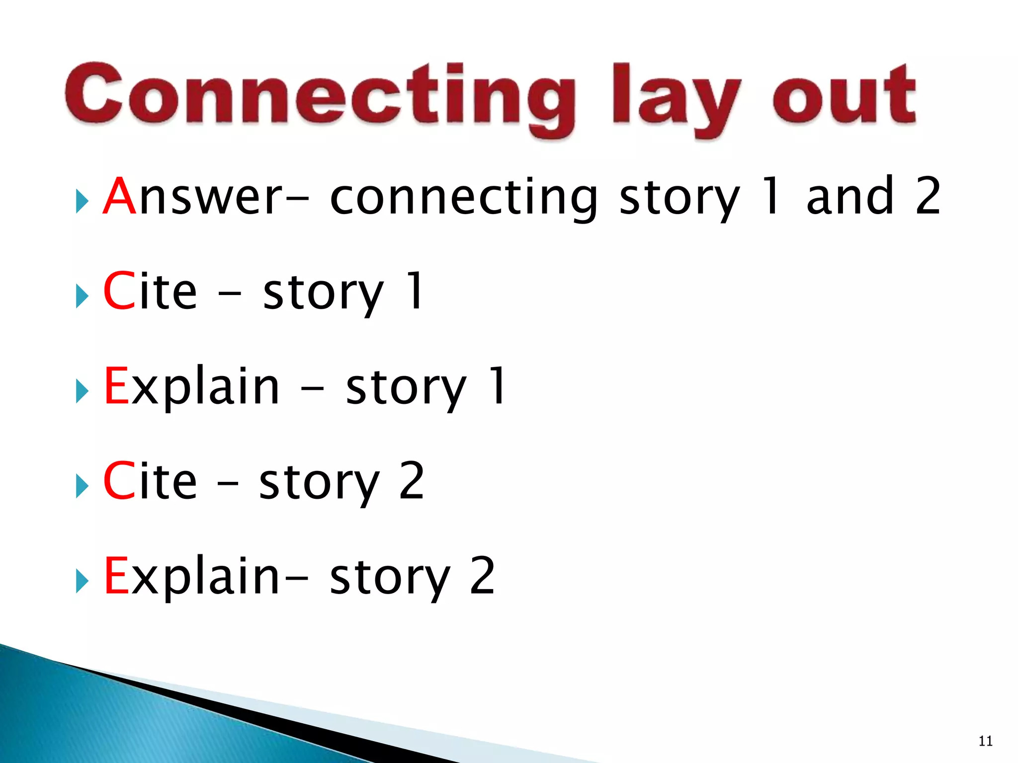  Answer- connecting story 1 and 2 
 Cite - story 1 
 Explain - story 1 
 Cite – story 2 
 Explain- story 2 
11 
 