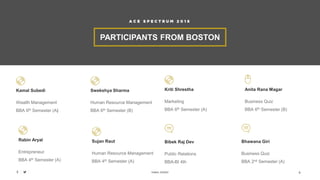 KAMAL SUBEDI
Anita Rana Magar
Business Quiz
BBA 6th Semester (B)
Kriti Shrestha
Marketing
BBA 6th Semester (A)
Bibek Raj Dev
Public Relations
BBA-BI 4th
5
PARTICIPANTS FROM BOSTON
A C E S P E C T R U M 2 0 1 6
Swekshya Sharma
Human Resource Management
BBA 6th Semester (B)
Kamal Subedi
Wealth Management
BBA 6th Semester (A)
Rabin Aryal
Entrepreneur
BBA 4th Semester (A)
Sujan Raut
Human Resource Management
BBA 4th Semester (A)
Bhawana Giri
Business Quiz
BBA 2nd Semester (A)
 