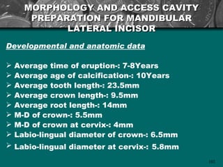 MORPHOLOGY AND ACCESS CAVITY
       PREPARATION FOR MANDIBULAR
             LATERAL INCISOR
Developmental and anatomic data

   Average time of eruption-: 7-8Years
   Average age of calcification-: 10Years
   Average tooth length-: 23.5mm
   Average crown length-: 9.5mm
   Average root length-: 14mm
   M-D of crown-: 5.5mm
   M-D of crown at cervix-: 4mm
   Labio-lingual diameter of crown-: 6.5mm
   Labio-lingual diameter at cervix-: 5.8mm
                                               102
 