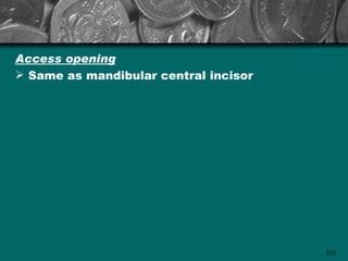 Access opening
 Same as mandibular central incisor




                                       105
 