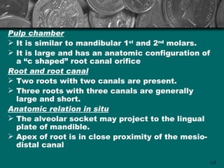 Pulp chamber
 It is similar to mandibular 1st and 2nd molars.
 It is large and has an anatomic configuration of
  a “c shaped” root canal orifice
Root and root canal
 Two roots with two canals are present.
 Three roots with three canals are generally
  large and short.
Anatomic relation in situ
 The alveolar socket may project to the lingual
  plate of mandible.
 Apex of root is in close proximity of the mesio-
  distal canal

                                                 135
 
