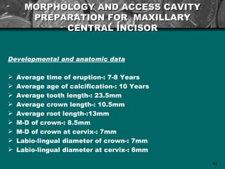 MORPHOLOGY AND ACCESS CAVITY
       PREPARATION FOR MAXILLARY
            CENTRAL INCISOR


Developmental and anatomic data

   Average time of eruption-: 7-8 Years
   Average age of calcification-: 10 Years
   Average tooth length-: 23.5mm
   Average crown length-: 10.5mm
   Average root length-:13mm
   M-D of crown-: 8.5mm
   M-D of crown at cervix-: 7mm
   Labio-lingual diameter of crown-: 7mm
   Labio-lingual diameter at cervix-: 6mm

                                              42
 