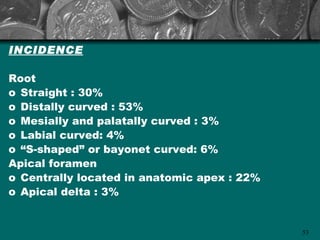 INCIDENCE

Root
o Straight : 30%
o Distally curved : 53%
o Mesially and palatally curved : 3%
o Labial curved: 4%
o “S-shaped” or bayonet curved: 6%
Apical foramen
o Centrally located in anatomic apex : 22%
o Apical delta : 3%


                                             53
 