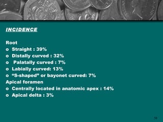 INCIDENCE

Root
o Straight : 39%
o Distally curved : 32%
o Palatally curved : 7%
o Labially curved: 13%
o “S-shaped” or bayonet curved: 7%
Apical foramen
o Centrally located in anatomic apex : 14%
o Apical delta : 3%




                                             58
 
